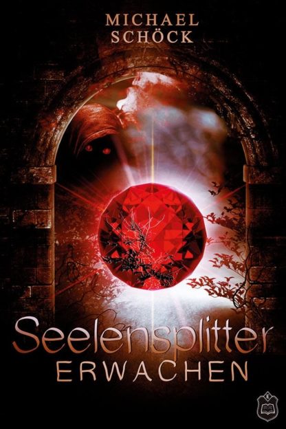 Das Cover zu Seelensplitter 1 - Erwachen von Michael Schöck. Ein roter Kristall im Vordergrund. Dahinter ein Torbogen in dem eine verhüllte Gestalt steht.