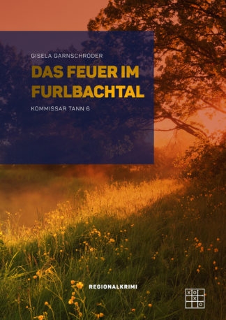 Das Cover von Das Feuer im Furlbachtal - Kommissar Tann 6 von Gisela Garnschröder. Eine Wiese mit rotem Himmel. In einem durchsichtigen blauen Kasten steht der Titel.