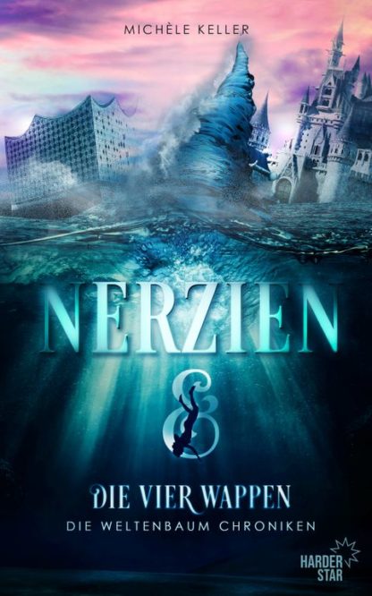 Das Cover von Nerzien & die vier Wappen – Die Weltenbaum Chroniken von Michele Keller. Im oberen Teil des Covers gehen Gebäude in einem Wirbelsturm unter. Im unteren Teil, ist eine Figur, die unter Wasser taucht.